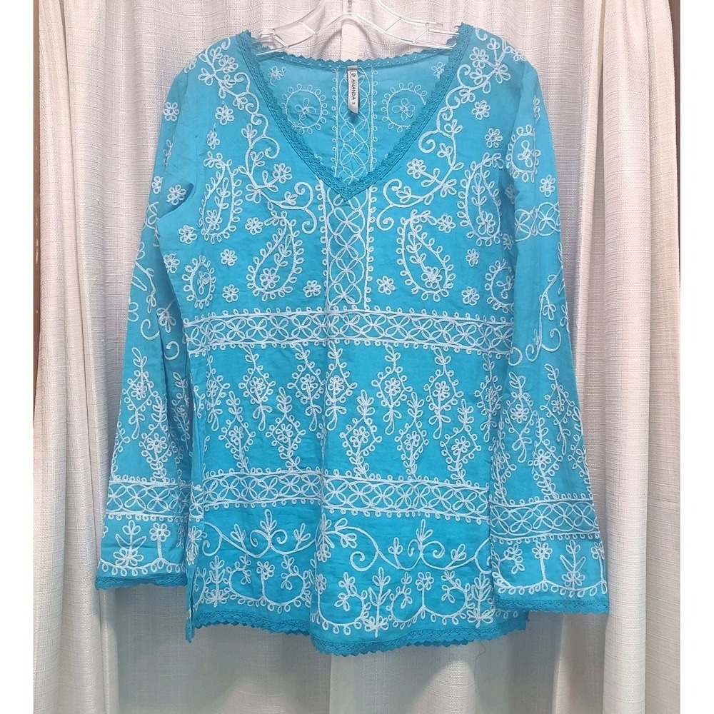 Ananda Women's Size M Blue White Floral‎ Embroidered Long Sleeve Boho Tunic Top